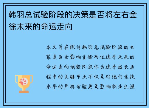 韩羽总试验阶段的决策是否将左右金徐未来的命运走向