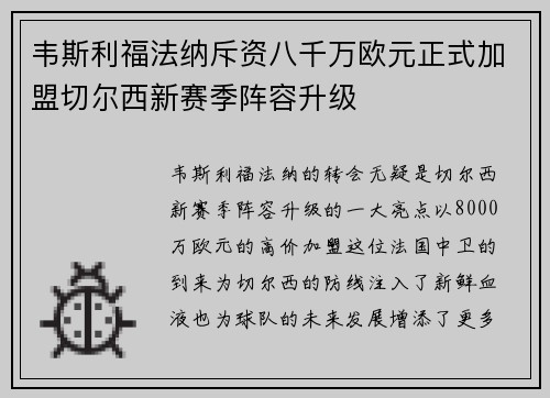 韦斯利福法纳斥资八千万欧元正式加盟切尔西新赛季阵容升级